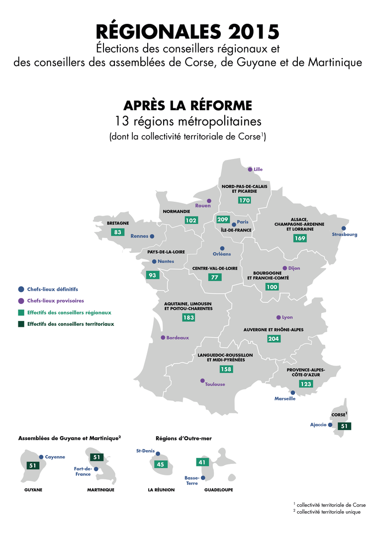 Après la réforme : 13 régions métropolitaines (dont la collectivité territoriale de Corse)