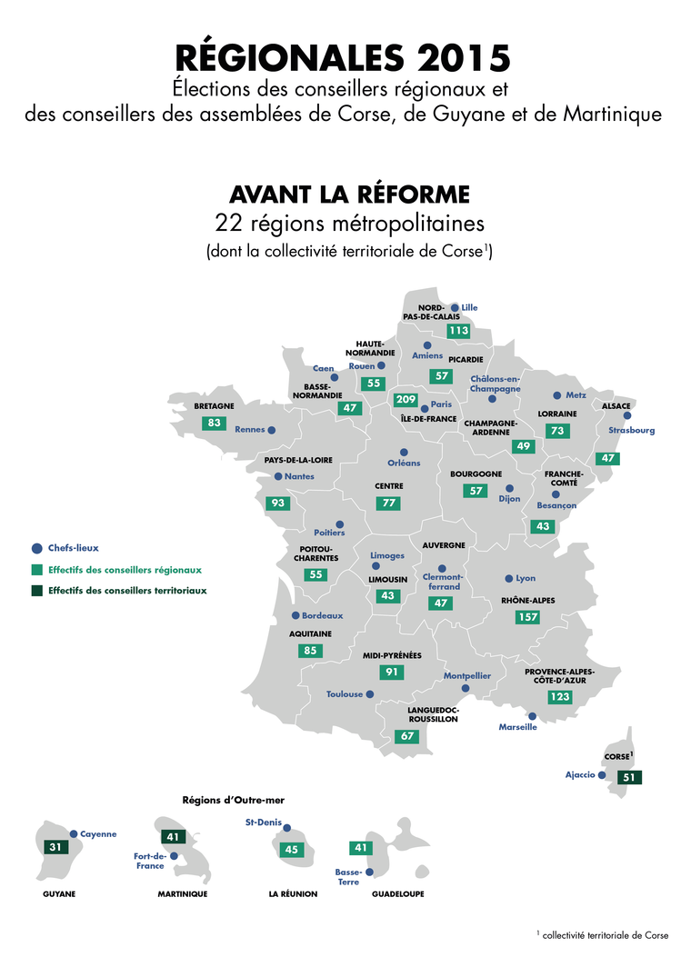 Avant la réforme : 22 régions métropolitaines (dont la collectivité territoriale de Corse)