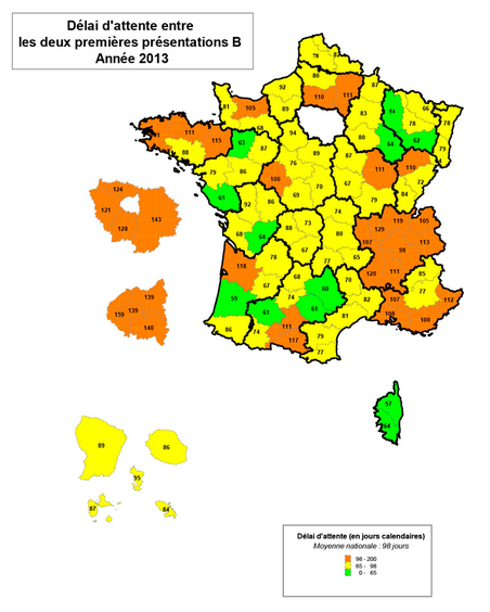 Carte de France - Délai d'attente entre les deux premières présentations B